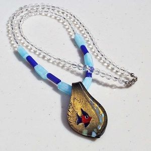 KOI FISH NECKLACE, LAMPWORK GLASS, 22 INCHES LONG, CATS EYE INDIGO TUBES & GLASS